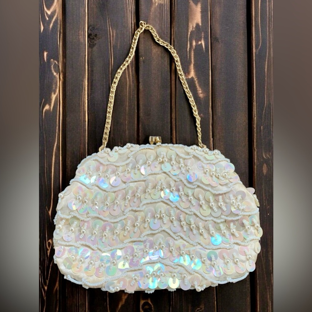 Iridescent Satin Sequin Chain Clutch Mini White Beaded Sequins Bag Gold